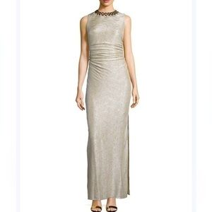 Laundry By Shelli Segal Evening Gown Gold/Silver Color Size 6 wGold Necklace NWT
